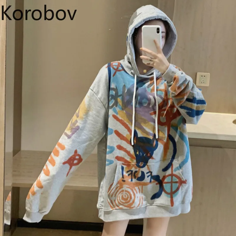 Korobov 2019 новые женские толстовки с принтом граффити корейские капюшоном BF