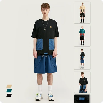 

VIMASS 2020 spring summer new functional pockets hit color stitching loose drawstring printing men women T-shirts