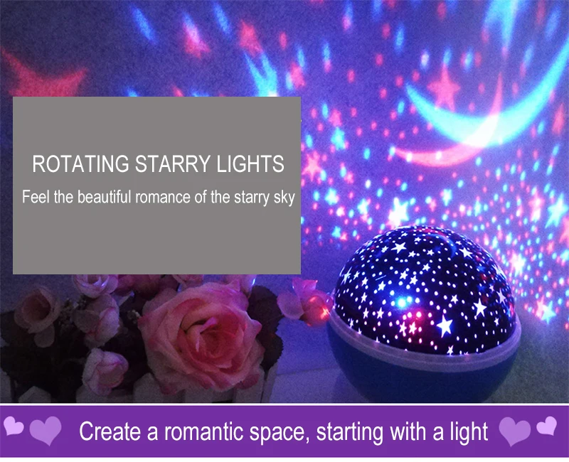 Novelty LED Rotating Star Projector Lighting Moon Starry Sky Children Baby Night Sleep Light Battery Emergency Projection Lamp