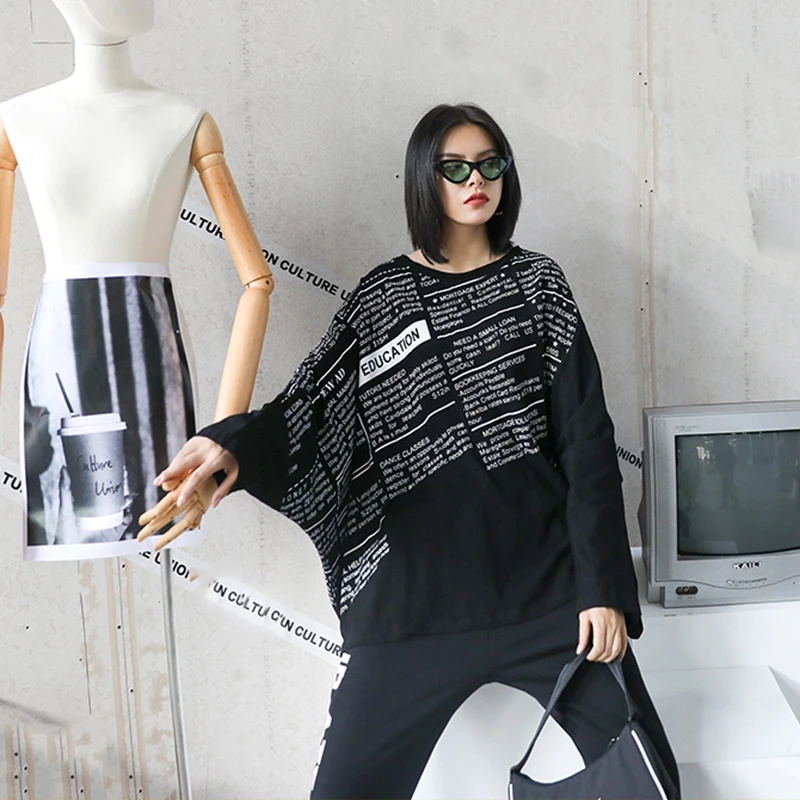 [EAM] Women black letter printed big size T-shirt New Round Neck Long batwing  Sleeve Fashion Tide  Spring Autumn 2020 1DA105