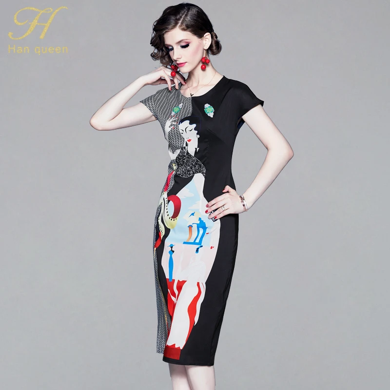 

H Han Queen Sexy Print Pencil Bodycon Dress Women 2019 Short Sleeve Fashion Boho Sheath Vestidos Europe Casual Vintage Dresses
