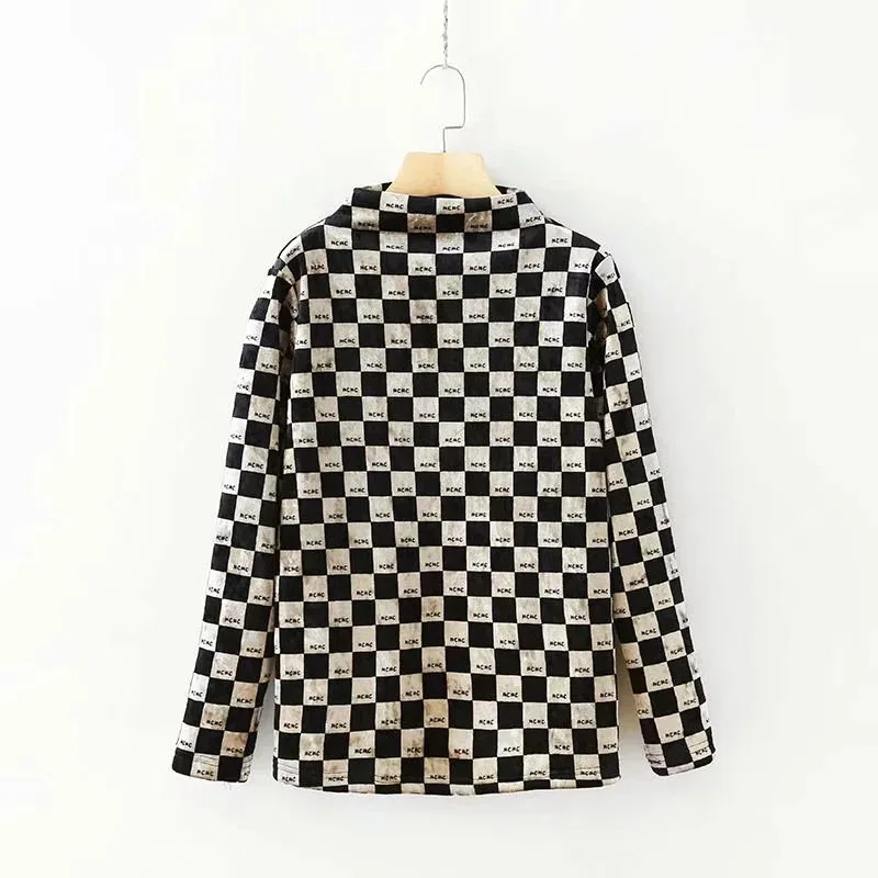 plaid XL~ 5XL Цветочные леопардовые клетчатые зимние Бархатные Топы большого размера Женская водолазка футболка с длинным рукавом толстая футболка H762 - Цвет: plaid