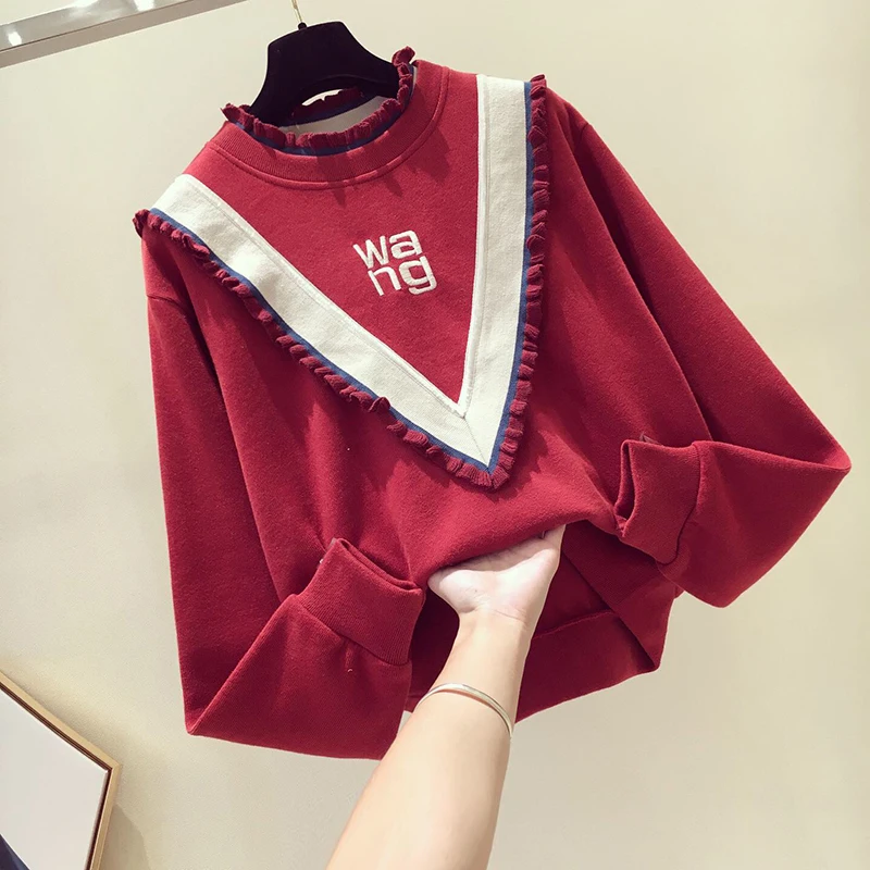 red sweatshirt Woherb винтажная модная толстовка с круглым вырезом и длинным рукавом, повседневные свободные толстовки в стиле пэчворк, осенне-зимняя женская одежда, Корейская Новинка 91182 - Цвет: red sweatshirt