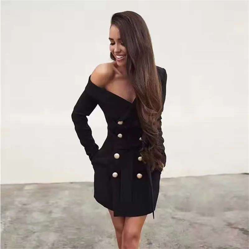 

Ladies Spring Sexy Solid Dress Female One-Shoulder Slim Bandage Waist Belted Dress Double Row Suit Dress New
