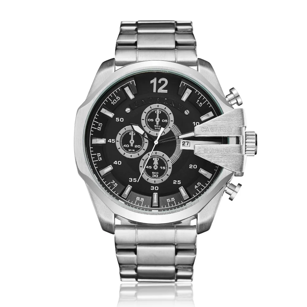 Silver Black Крутые часы в большом корпусе для мужчин, роскошный бренд Cagarny, золотые, нержавеющая сталь, мужские кварцевые часы, водонепроницаемые, Relogio Masculino, новинка - Цвет: Silver Black