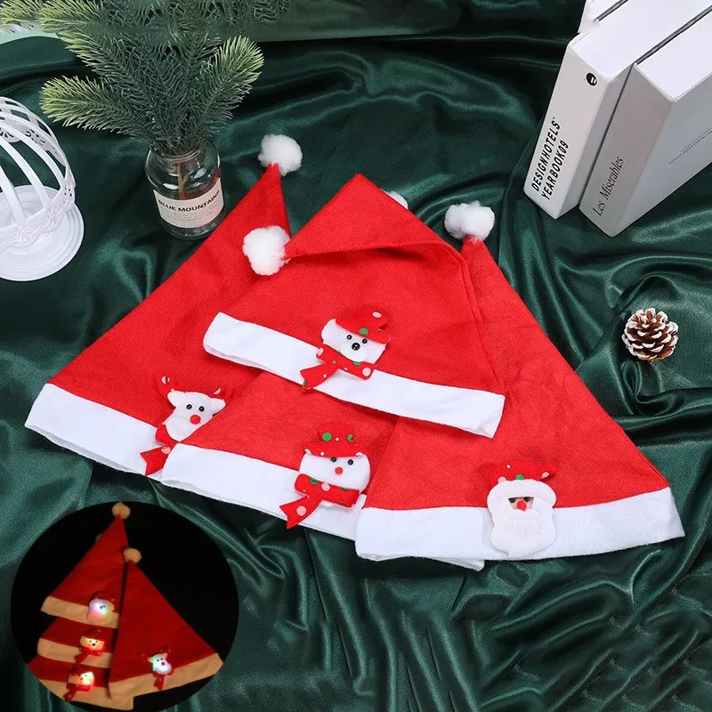 12pcs Party LED Glowing Classic Red Hat Cute Cartoon Snowman Reindeer Santa Claus Children Adult Decoration Wedding Festival