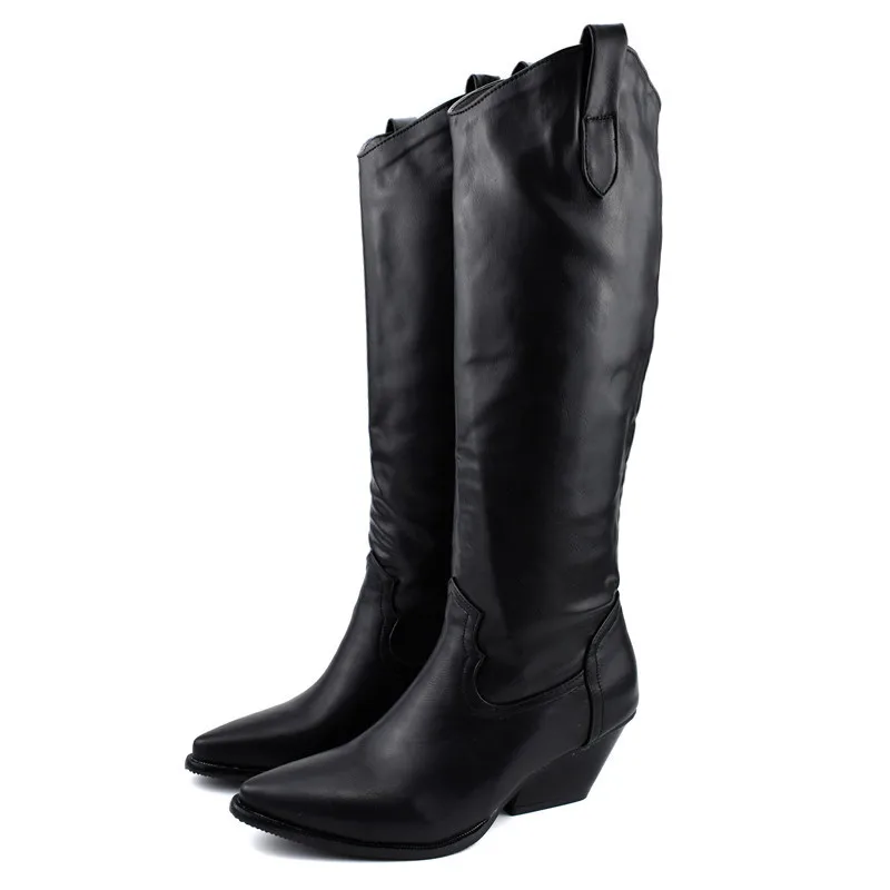 Odetina Women Pull On Comfort Pointed Toe Vintage Autumn Retro Western Equestrian Riding Boots Chunky Mid Heel Knee High Boots