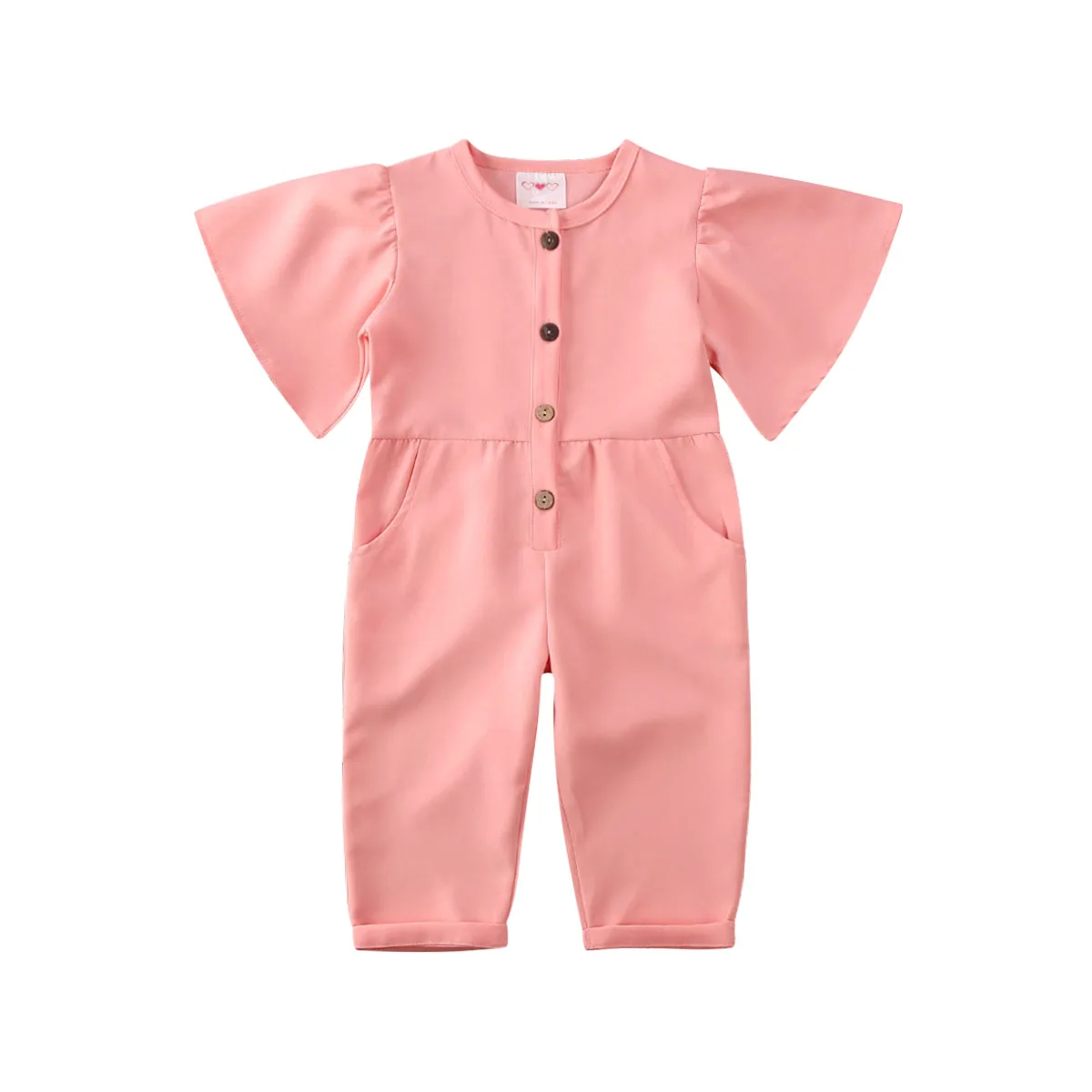 

Kids Baby Girl Buttons Romper Flared Short Sleeve Jumpsuit Toddler Overalls Pink Color Clothes