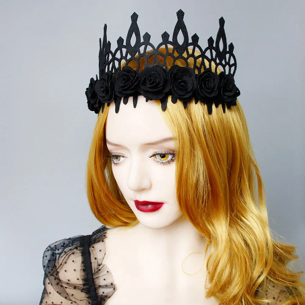 Black Flower Crown Tiara Hair Jewelry For Women Gothic Female Wedding Hair Accessories Halloween Princess Queen Head Jewelry