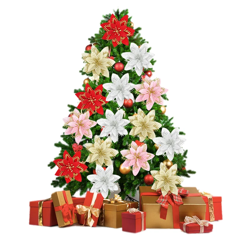 3/5/10Pcs Glitter Artificial Poinsettia DIY Christmas Tree Ornament Flower For Home New Year Party Gift Navidad Decor Wreath