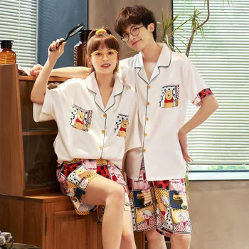 

Summer new simulation silk couple pajamas Set & cartoon simulation silk bear pattern home nightwear set 2 piece set sleepwear
