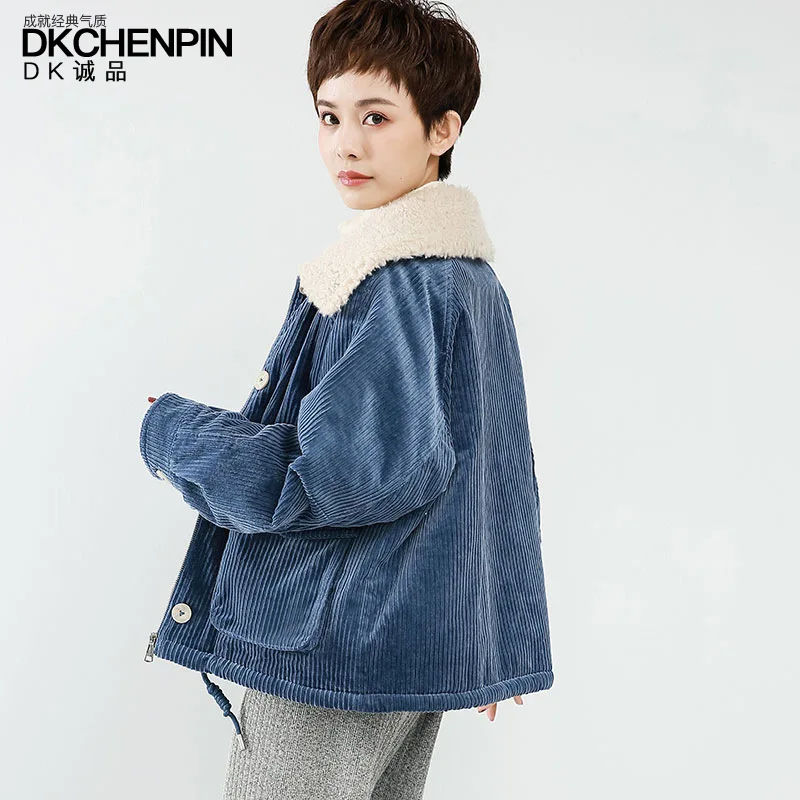 

2019 Winter New Products Korean-style Fashion Corduroy Warm Cotton-padded Clothes Loose-Fit Fold-down Collar Cropped Jacket Larg