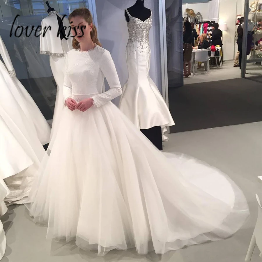 Lover Kiss Vestido De Noiva мусульманское свадебное платье с длинным рукавом, кружевной аппликацией, высоким воротом, скромное свадебное платье для женщин