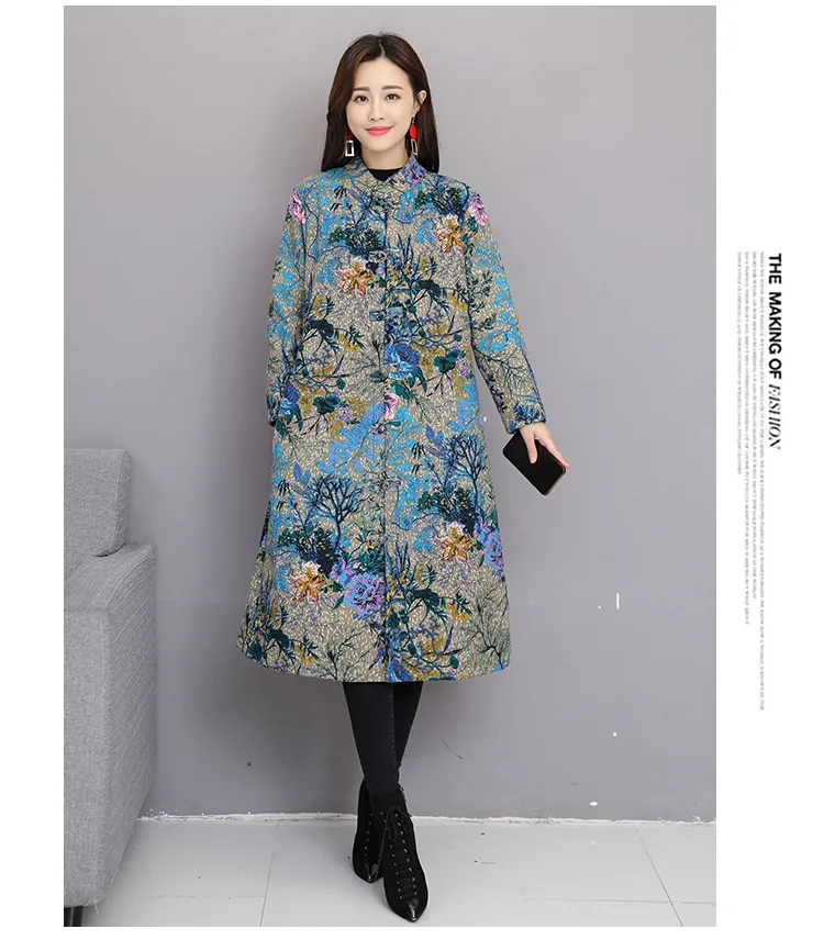 Photo Shoot Autumn And Winter New Style Large Size Retro Printed Cotton Linen Brushed And Thick Frog Overcoat Cotton Overcoat Ct