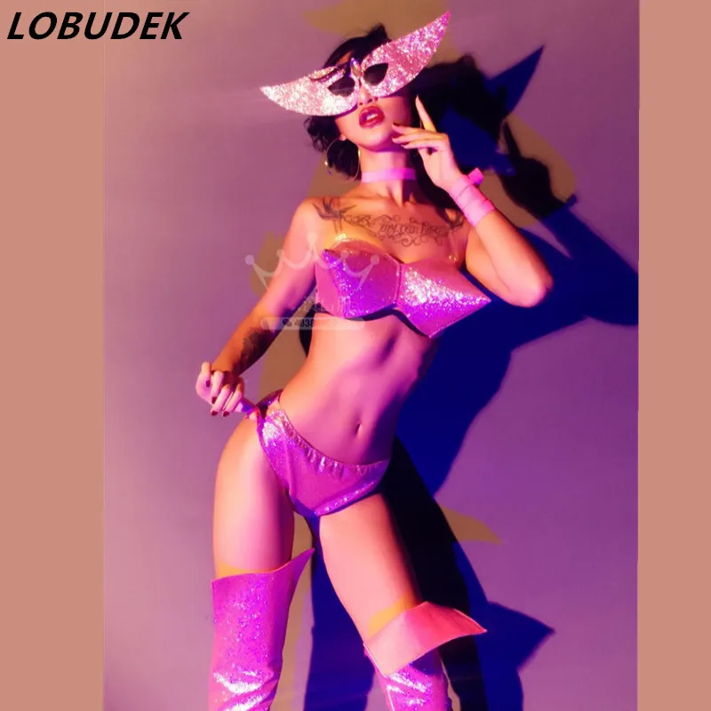 PU Leather Pink sparkle female Dance Outfits Sexy Bar Party Stage Costume Women Sets Nightclub DJ Singer Team Catwalk Clothes - Цвет: all sets