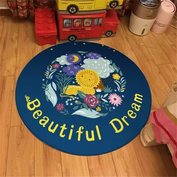 

Blue Beautiful Dream Kids Room Rug Round Cartoon Lion Print Velvet Fabric Polyester Carpets Children's Playmat