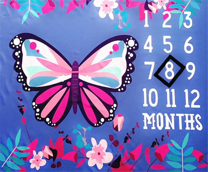 Butterfly Baby Monthly Growing Milestone Blanket Newborn Photography Props Infant Photo Shoots Calendar Backdrop Cloth  (1)