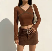 Best Price New Women's V-neck Lace Trim Knitted Top Long Sleeve Pure Color Slim Short T-shirt Sexy Undershirt Ladies Street Wear Best Price New Women's V-neck Lace Trim Knitted Top Long Sleeve Pure Color Slim Short T-shirt Sexy Undershirt Ladies Street Wear