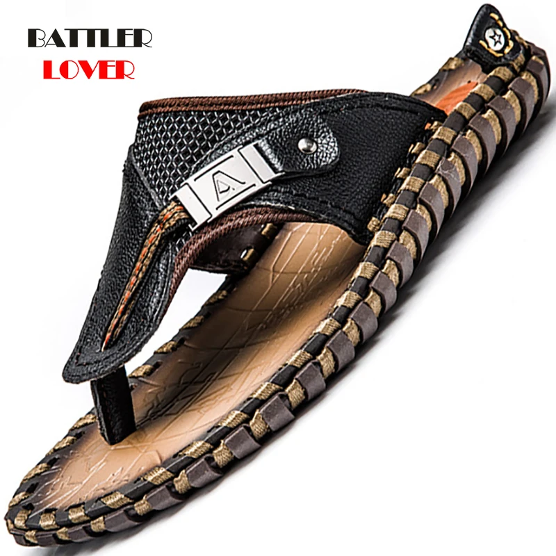 2020 New Men Slippers Summer Beach Shoes Men Flip Flops High Quality Casual Sandals Genuine Leather Slip-On Breathable Sandalias
