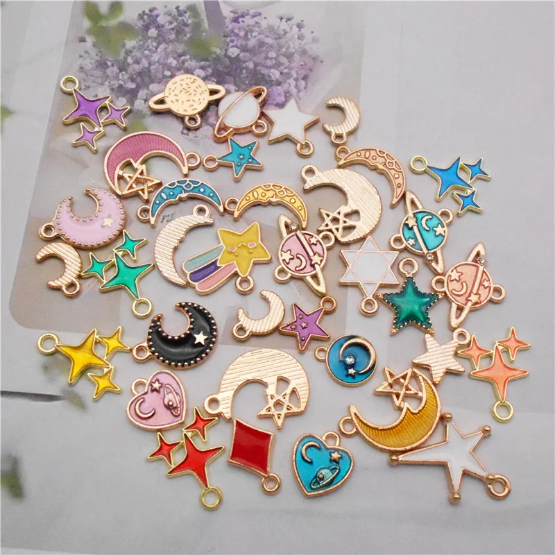 

30PCS Enamel Tiny Moon Star Charms Mixed Alloy Universal Planet Pendant Bracelet Jewelry Handmade Craft Accessory