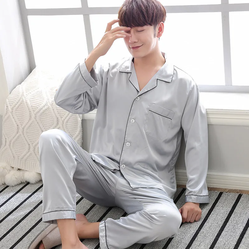 Мужская шелковая пижама, набор мужских пижам, шелковая пижама, Мужская сексуальная Современная стильная мягкая уютная атласная ночная рубашка, Мужская Ночная рубашка из искусственного шелка