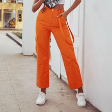 Оранжевые брюки карго, женские прямые длинные брюки с высокой талией, женские модные повседневные уличные брюки, женские брюки с карманами высокого качества