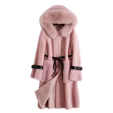 Зимнее шерстяное пальто женское пальто из натурального меха женская одежда с капюшоном из лисьего меха корейская винтажная длинная куртка из овечьей шерсти Hiver 9921