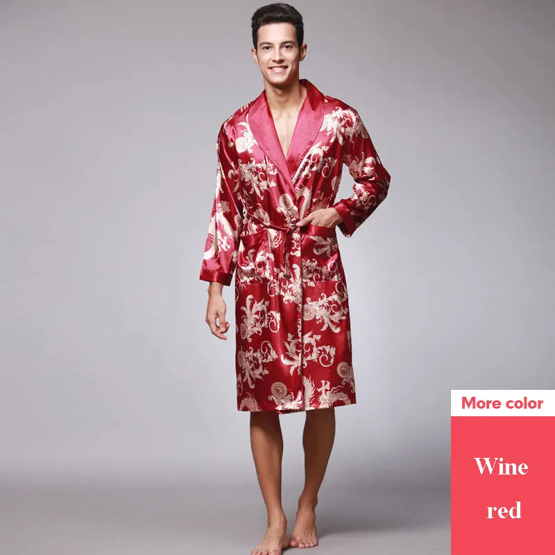 Long Robe Male Silk-like Men's Bathrobe with Dragon Print Dressing Gowns Kimono Sleepwear Plus Size Men's Pajamas Peignoirs