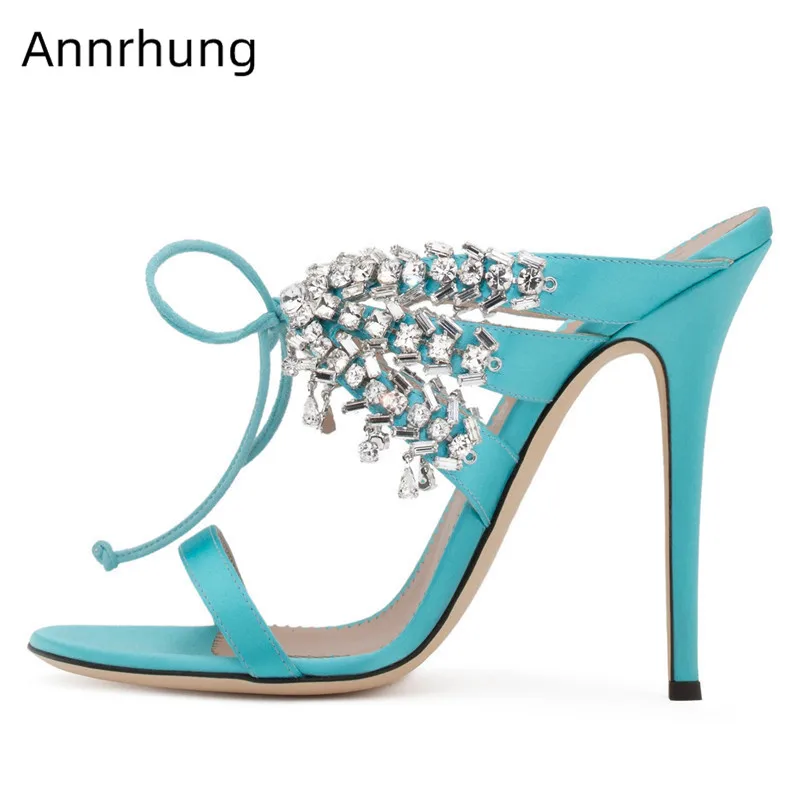 

Clear Diamond Tassels One-strap Sandals Women Front Lace-Up Stiletto Heels Rhinestone Thin High Heels Slingback Sandalias Mujer