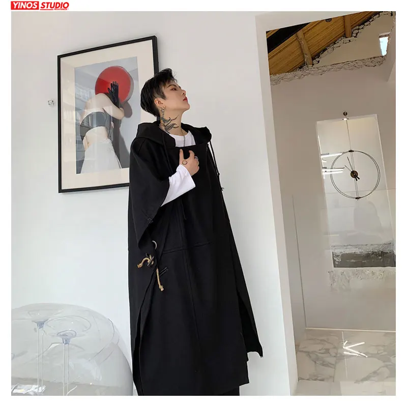 

Dropshipping 2019 Design Coats Darkness Hooded Lengthen Jacket Male Solid Short Sleeve Windbreaker Tops