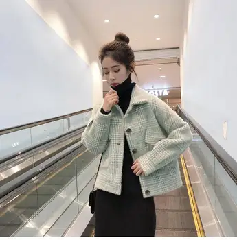 

Woman Plaid Mink Fur Coat Fashion Spring Autumn Jacket