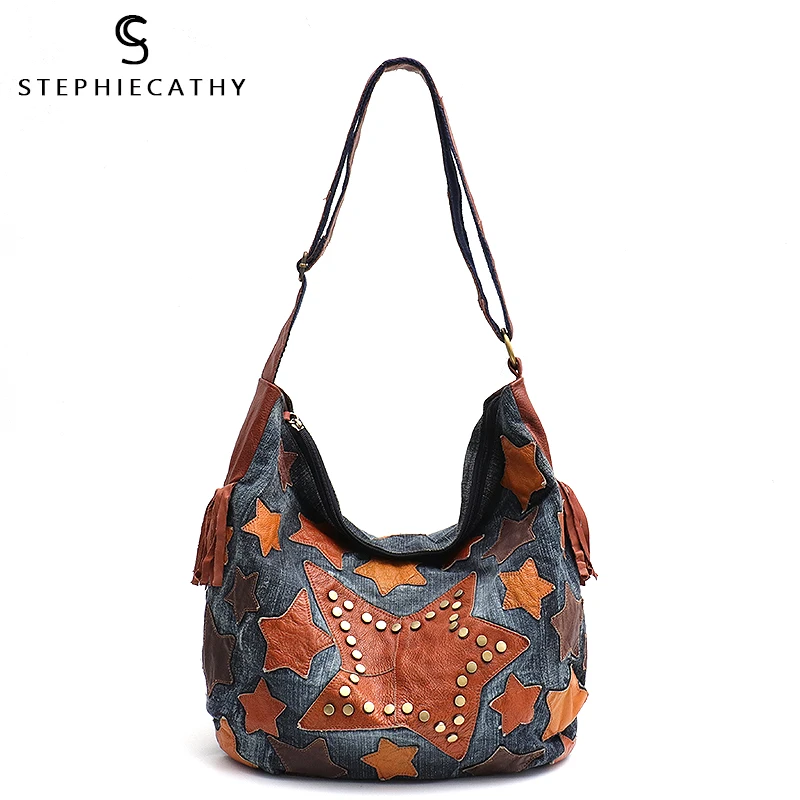 SC большая винтажная женская джинсовая сумка хобо с кожаными кисточками и