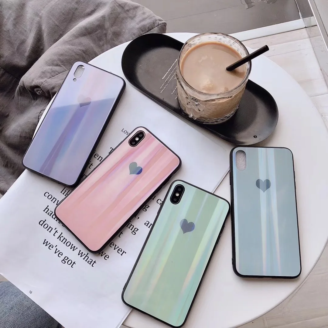 

Creative love laser tempered glass phone case for iPhone X XS XR XSMax 8 76 6S PluS all-inclusive silicone drop protection cover