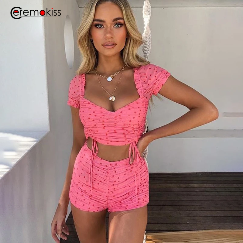 Женский костюм в горошек Ceremokiss летний комплект из укороченного топа и брюк