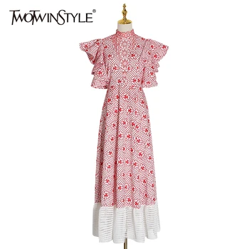 

TWOTWINSTYLE Embroidery Patchwork Winter Dress Women Stand Collar Butterfly Sleeve High Waist Hollow Out Ladies Dresses Clothing