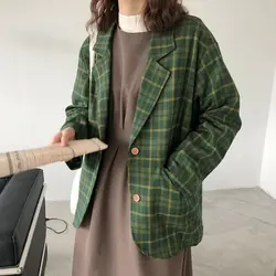 Корейский женский осенний Зеленый Клетчатый Блейзер Пальто однобортный верхняя одежда куртка с карманом винтажный плюс размер длинный