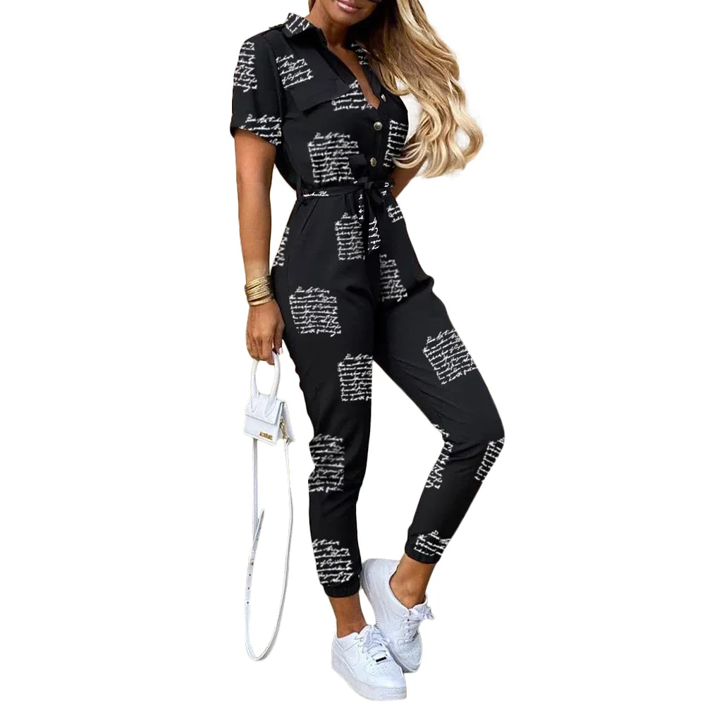 

Summer Deep V Neck Short Sleeve Overalls Leopard Patchwork Jumpsuits Rompers Women Letter Print Sexy Streerwear One Piece Romper