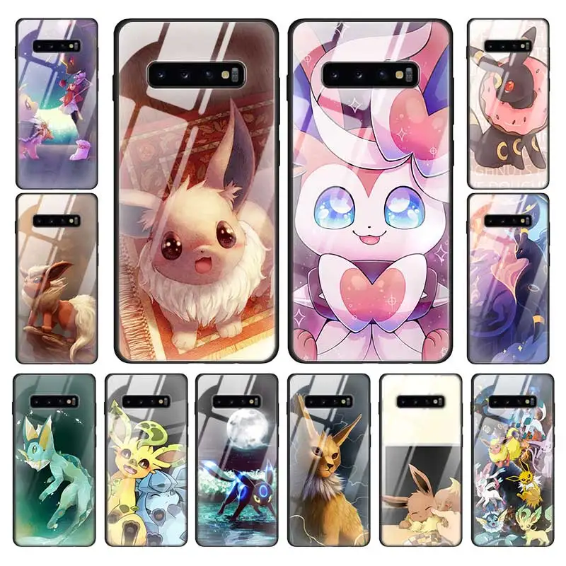 Cartoon eevee Tempered Glass Case Cover For Samsung Galaxy S10 5G Note 9 A70 Silicone Edge Phone Back Shell Fundas Capa Couqe