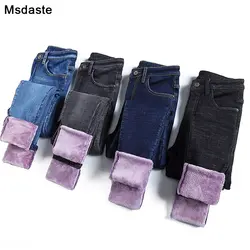 Зимние женские джинсы-карандаш, новинка 2019, флисовые теплые джинсовые брюки с высокой талией, женские обтягивающие винтажные