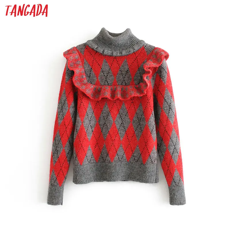 Tangada women red plaid pattern strethy turtleneck sweaters winter warm sweet ruffle sweater knitwear top 3H187