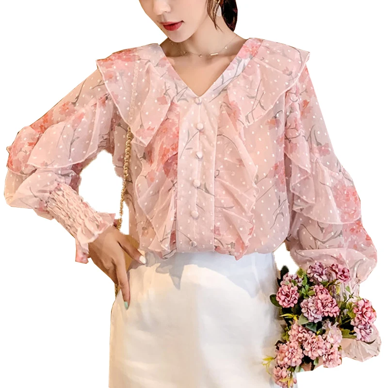 

Spring Blouse Women Floral Chiffon Ruffle Tops Long Sleeve Chic Yellow Pink Shirts Plus Size Fashion Korean Clothes Blouses Lady
