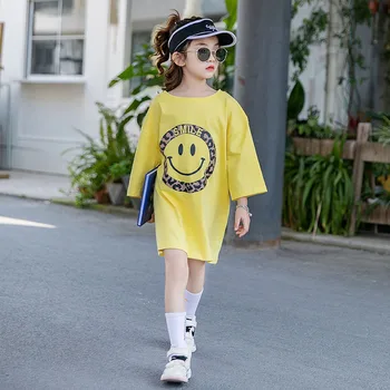 

Girls Kids Tshirt Dress Long Sleeve Round Neck Smile Face Print Leopard Cottonstreetwear Korean Fashion Vestidos 4 to 14 yrs