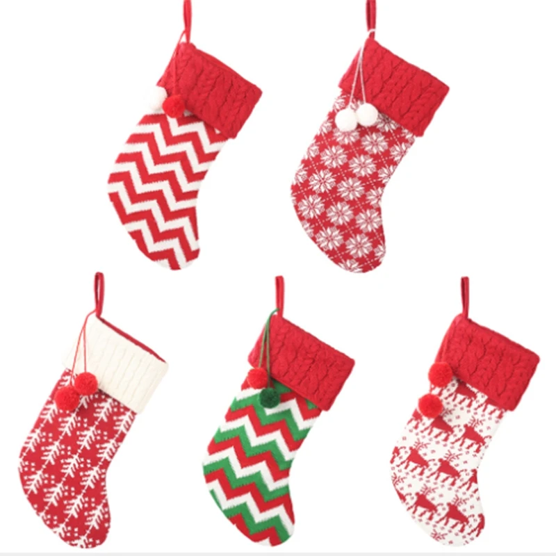

New-5Pcs Christmas Stockings Snowflake Elk Socks Xmas Kids Gifts Bag Knitted Wool Socks Christmas Tree Decoration Ornaments Cand