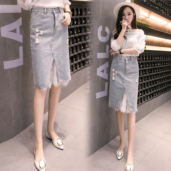 

HAYBLST Brand Denim Skirts Women 2020 Summer Plus Size Kawaii Elegant Clothes Korean Style Stretch Tall Waist Patchwork Clothing