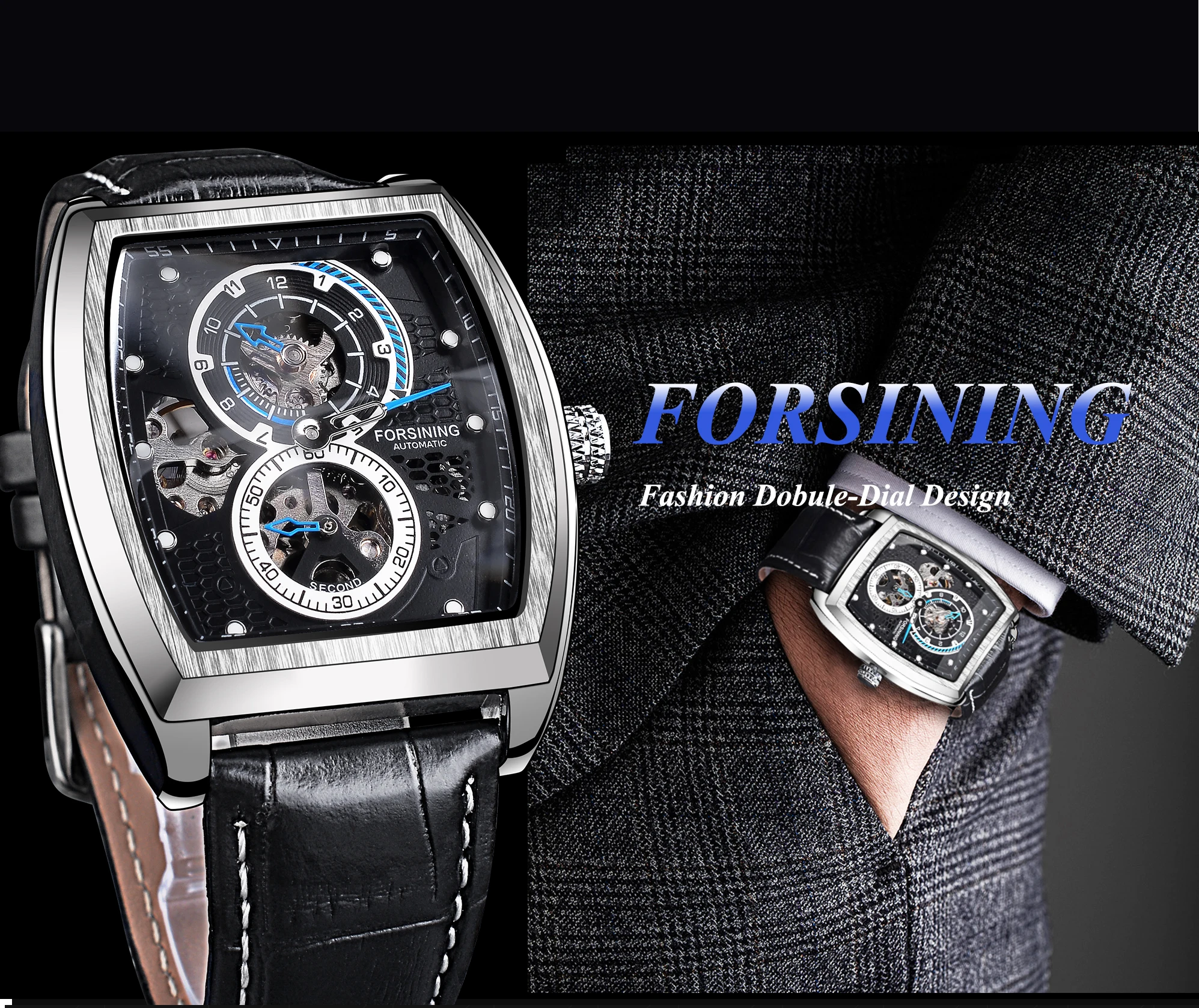 Forsining Black Dial Waterproof Automatic Mechanical Watch Skeleton Rectangle Military Watches With Bule Pointer Genuine Leather