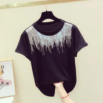 

shine tassel sequin women t-shirts 2020 summer new short-sleeved solid loose lady elegant tops tees top quality