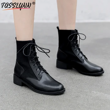

TASSLYNN 2019 Lace Up Real Leather Motorcycle Boots Autumn Women Shoes Ankle Boots for Women Round Toe Med Heel Size 34-39