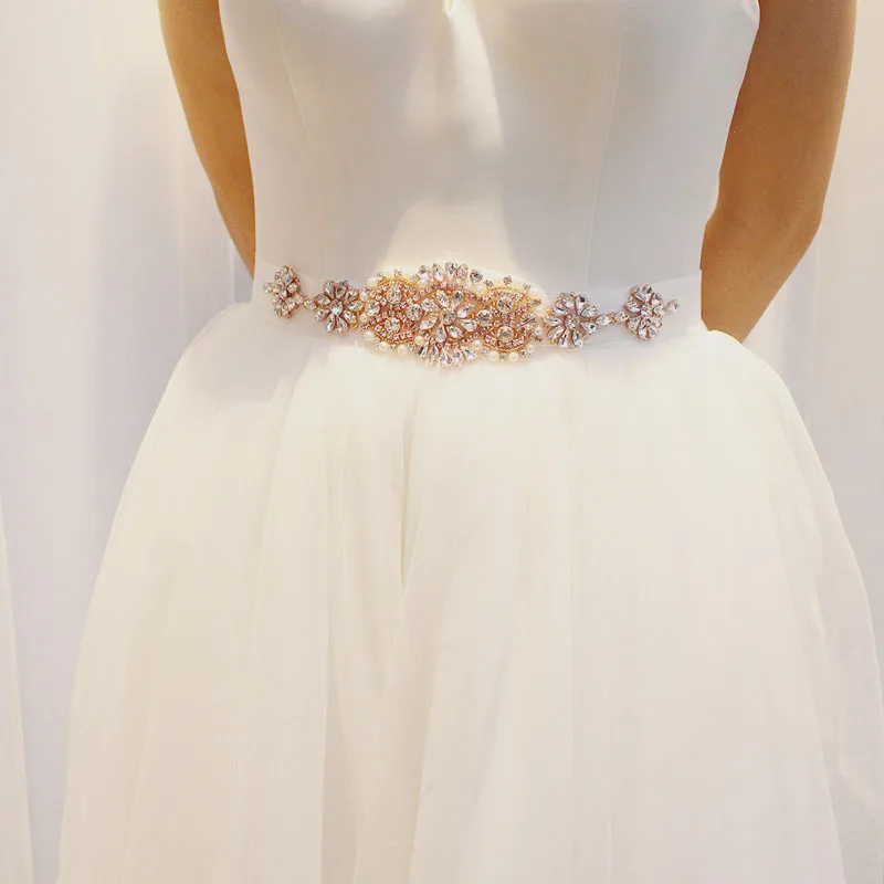 SLBRIDAL розовое золото Кристалл Свадебный Пояс атласные Стразы вечернее платье для выпускного вечера пояс Свадебная лента пояс женские свадебные аксессуары