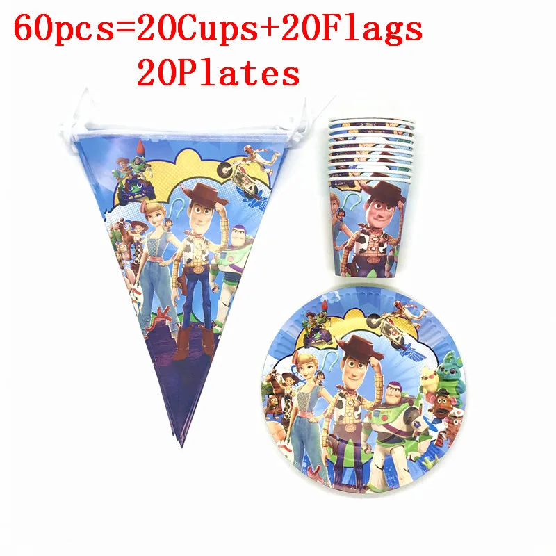 30pcs 60pcs Disposable Paper Cups Plates Flags Toy Story 4 Woody