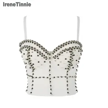 

IRENE TINNIE Ladies Rhinestone White Crop Top Beading Summer Sexy Bustier Sleeveless Tank Top for Festival Night Club